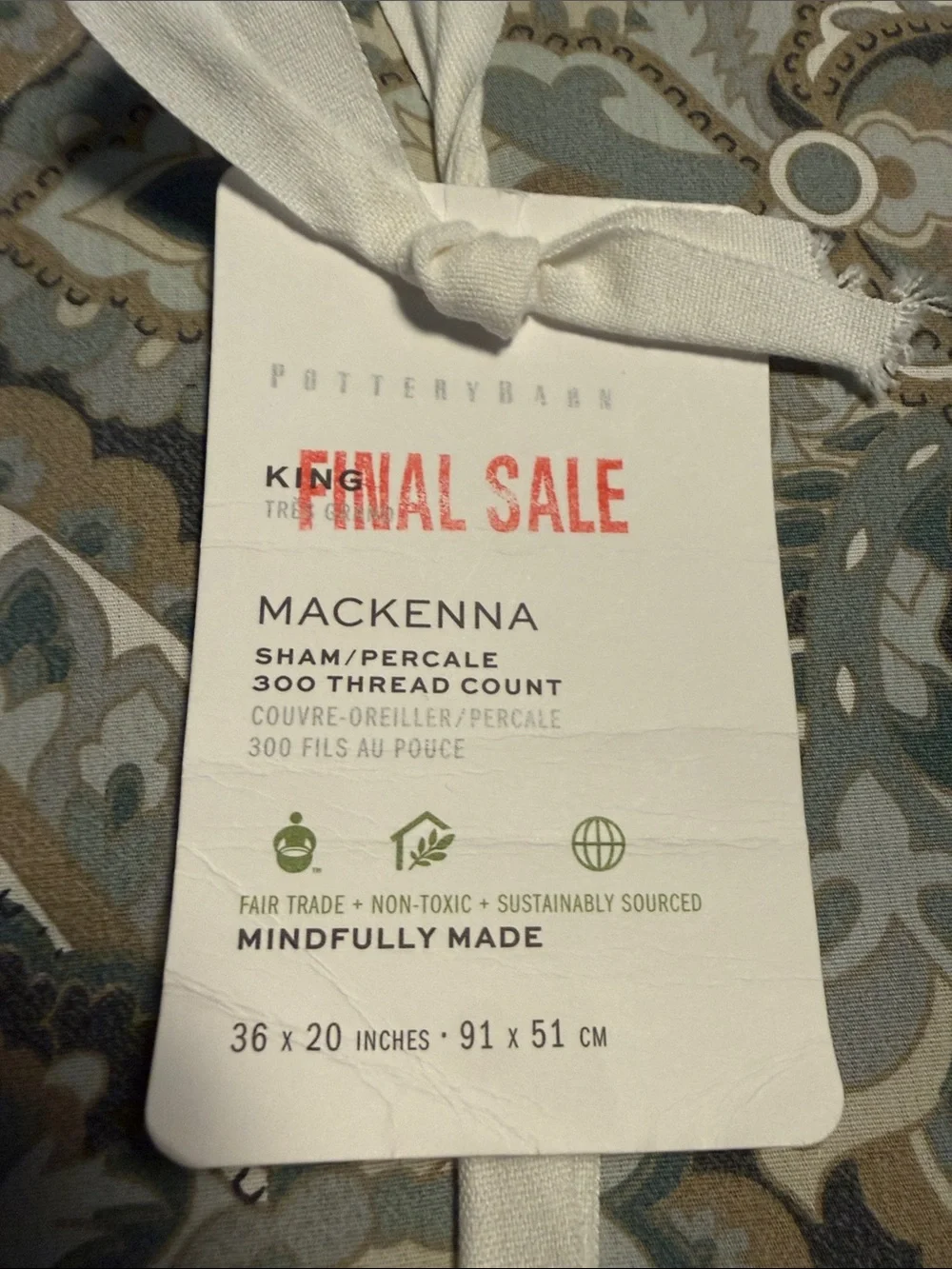 Pottery Barn Mackenna Paisley King Sham Percale 300 Thread Count 36” x 20”
